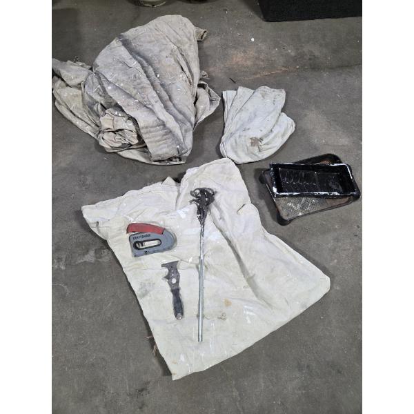Pick Up Off Site- 115 Ely St. Alliance Oh. Three Drop Cloths, Paint Trays & Tools