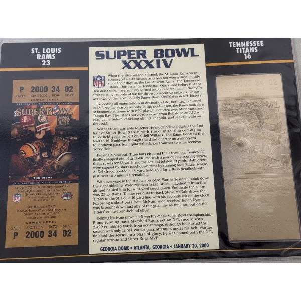 Authentic 2000 Super Bowl XXXIV NFL Football Ticket & 24K Gold Plated Ticket - Mint Condition