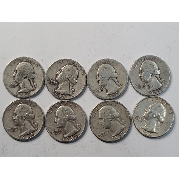 Assorted Years/Mint Marks 90% Silver Washington Quarters - Face Value: $2.00	