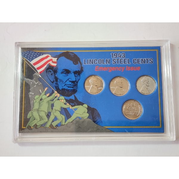 United States 1943 Lincoln Steel Cents Emergency Issue 4-Coin Collection in Display Slab