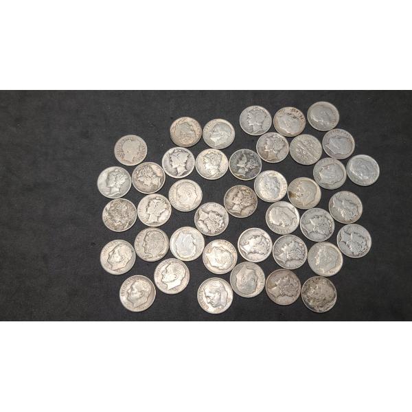 Assorted Years/Mint Marks 90% Silver Barber, Mercury & Roosevelt Dimes- Face Value: $4.00
