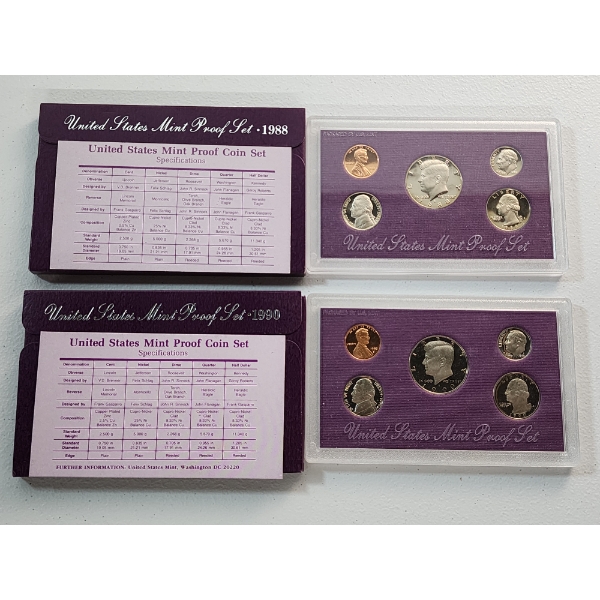 1988 and 1990 United States Mint Proof Sets In Original Packaging With CoA