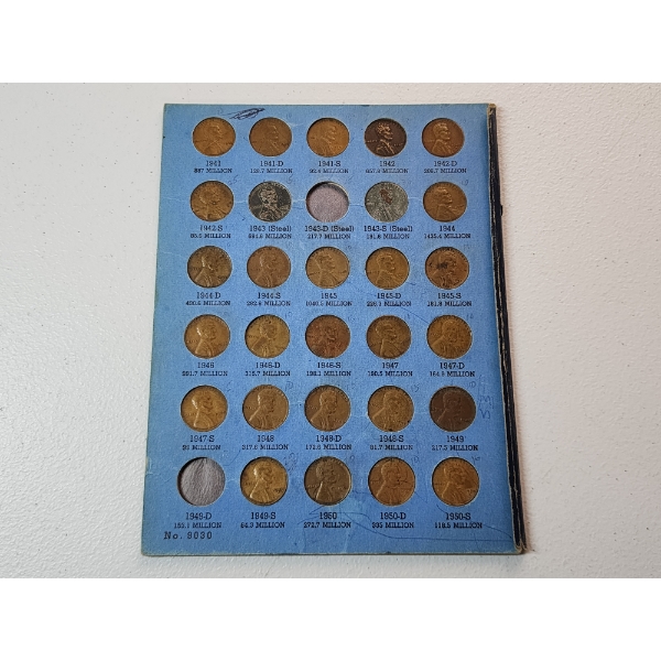 Lincoln Head Cent Collection Book Starting 1941 (Incomplete, One Page From Book) FV: $0.28