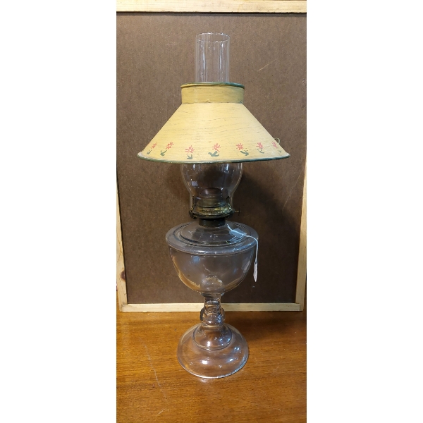 Vintage 21" Tall Oil Lamp With Tin Shade On Chimney As Shown - See Pics