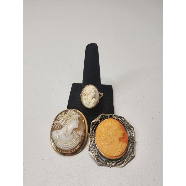Vintage Carved Cameo Jewelry Pieces: 2 Brooches, 1 Ring Size 8.5 - Stunning Pieces
