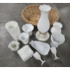 Image 1 : Milk Glass Collection Including 13'' Electric Lamp, Candy Dish. Planters & More With Wicker Basket