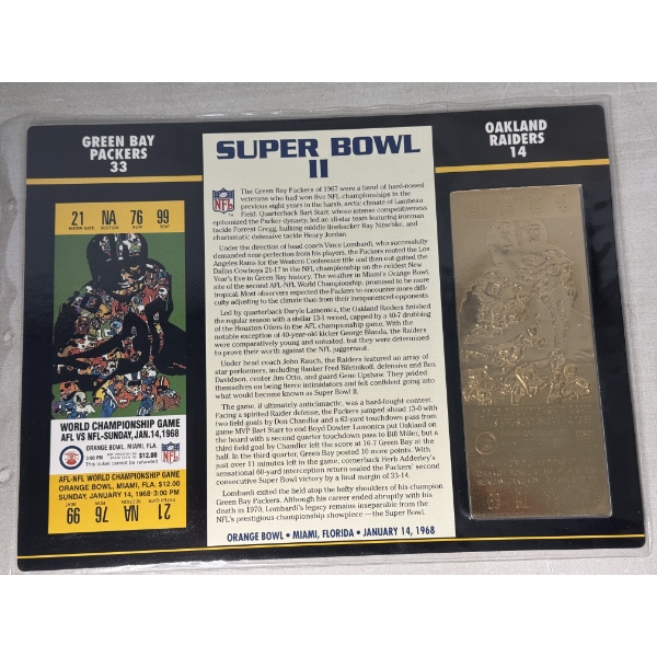 Authentic 1968 Super Bowl II NFL Football Ticket & 24K Gold Plated Ticket - Mint Condition