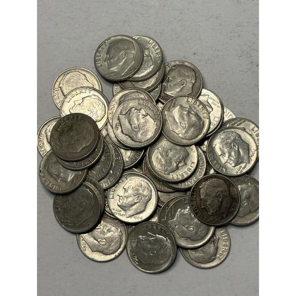 Lot of 50 90% Silver, Assorted Year, Roosevelt Dimes FV $5.00