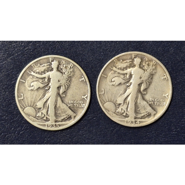 2 pcs  90% Silver Halves -  1934 P / 1935 P Walking Liberty Half Dollars - See Pictures