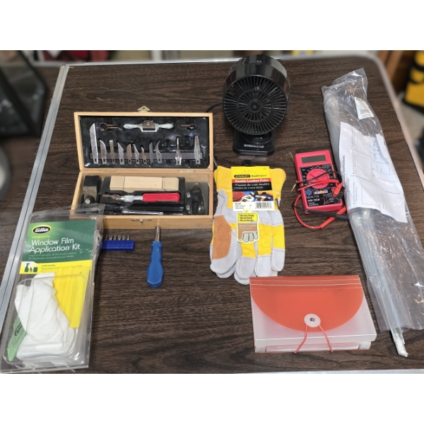 Assorted Home Improvement Items incl Exacto Blade Set, Work Gloves, Desk Fan and More