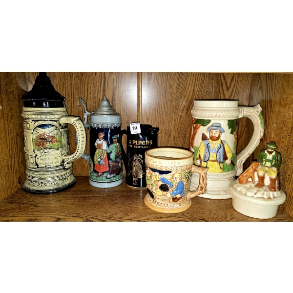 4 Beer Steins and 1 Scotch Whiskey Pitcher