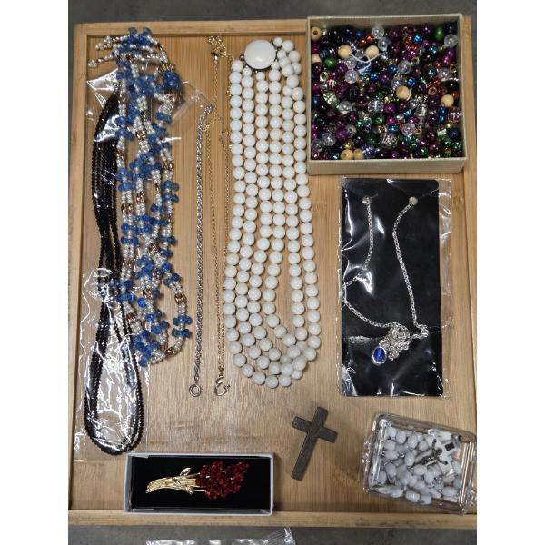 Interesting Costume Jewelry Group Including Rosary, Wood Cross, Necklaces, Pin & More!