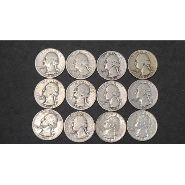 Assorted Years/Mint Marks United States 90% Silver Washington Quarters - Face Value: $3.00