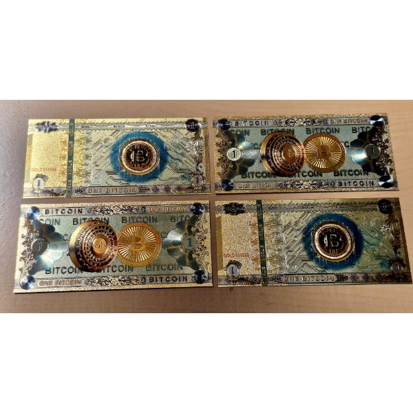 4 Pcs -  Pure 24k .999 Gold Foil BITCOIN CRYPTO Notes  - Each Mint Condition - Pure Gold Laminated