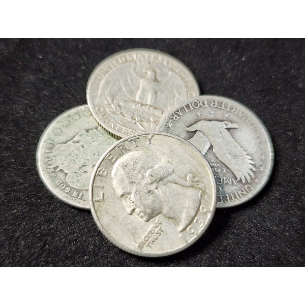 Four Assorted 90% Silver United States Quarters - $1.00 Face Value - See Description 