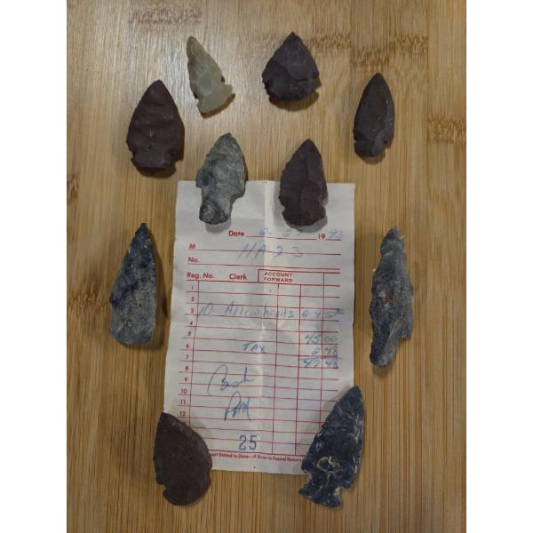 Fabulous Collection Of Ten Arrowheads With A Vintage Sales Slip For Them!