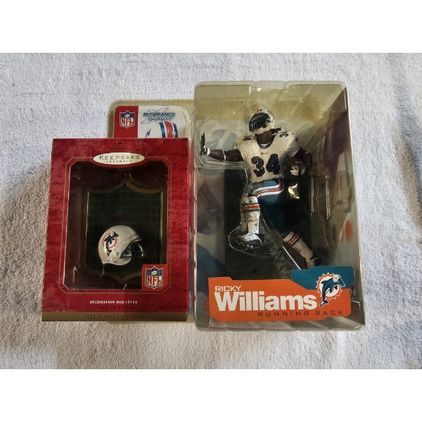 NFL Licensed Miami Dolphins Collectibles (2) - Hallmark Helmet Ornament and Ricky Williams Figure