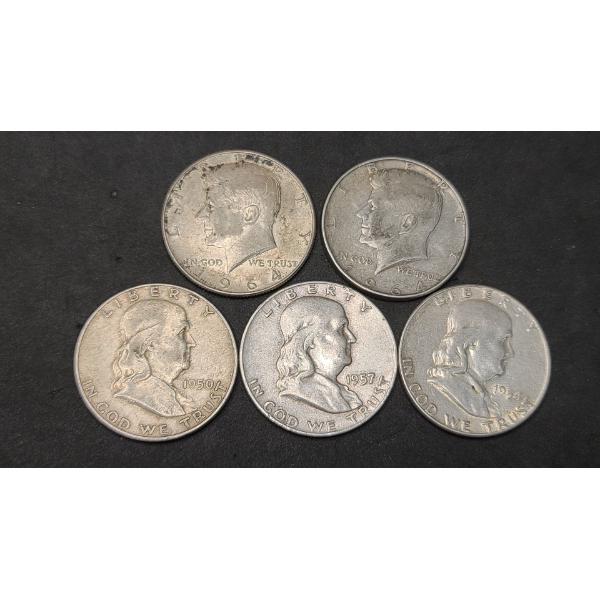 Assorted Years Kennedy & Franklin 90% Silver Half Dollars - Face Value: $2.50