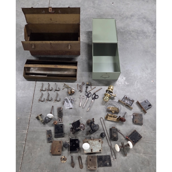 Vintage Items Including 20'' Metal Tool Box, Knob & Hardware Collection And More!