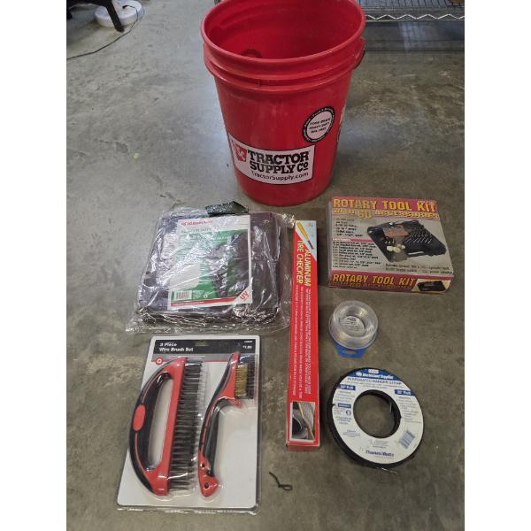 TSC 5 Gallon Bucket With New Rotary Tool, Tarp, Tire Pressure Tool & More