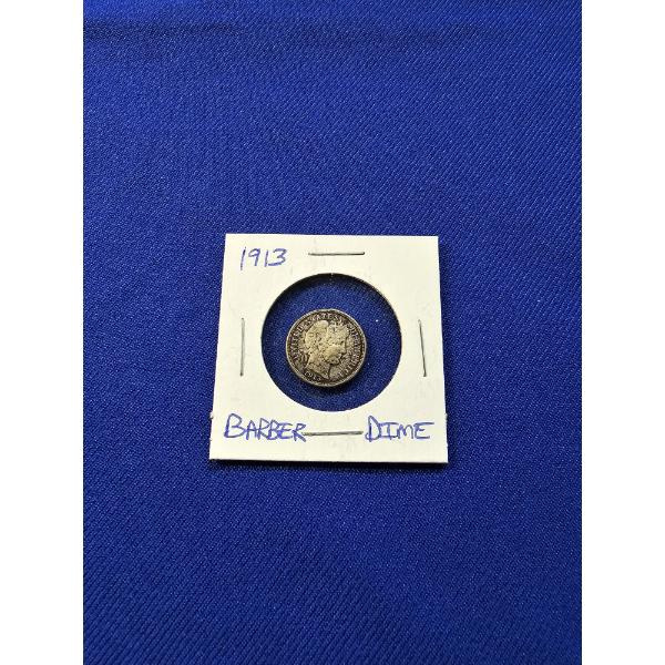 1913 Silver Barber Dime - Excellent Condition - In Protective Sleeve