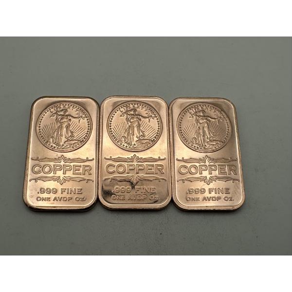 Three Walking Liberty Design 1 AVDP oz .999 Fine Copper Bars