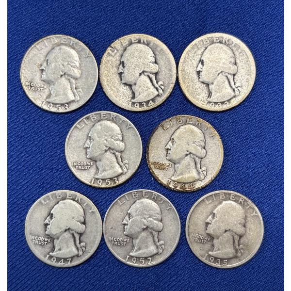 Lot of 8 Assorted Year 90% Silver Washington Quarters, FV $2.00