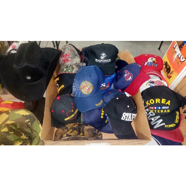 Large Box Of Mostly Military Hats Caps Mostly Veteran, Marines Vietnam Etc