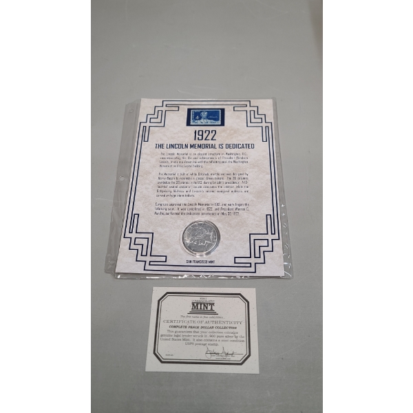 1922-S 90% Silver Peace Dollar On Lincoln Memorial Educational Display Card 