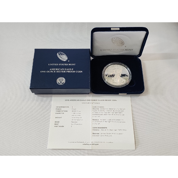 2018-S American Silver Eagle Proof $1 Coin 1 oz .999 Fine Silver w/ OGP Box & COA