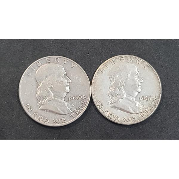 United States 1960-D & 1961 90% Silver Franklin Half Dollars - Face Value: $1.00