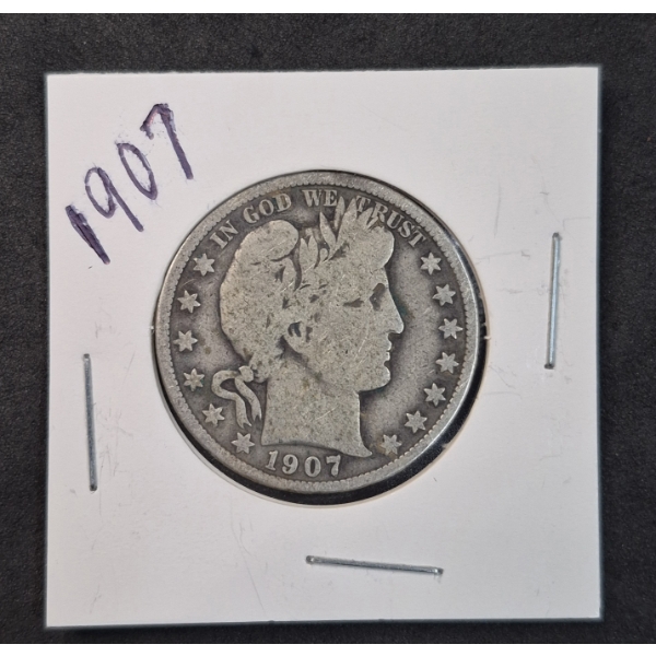 U.S. 90% SILVER COIN - RARE 1907 BARBER HALF DOLLAR  IN BETTER GRADE $.50 FACE VALUE - SEE PICS
