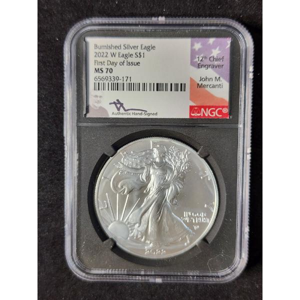 NGC MS70 JOHN MERCANTI HAND SIGNED Burnished Silver Eagle 2022-W 1 Oz Round