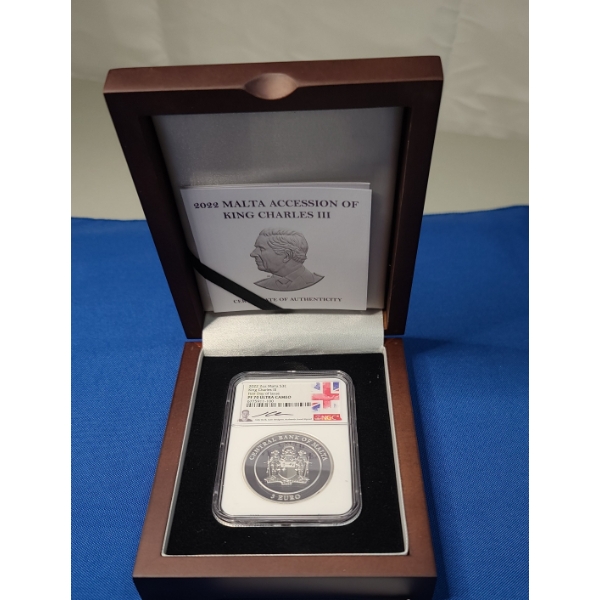 2022 NGC First Day Issue PF70 Ultra Cameo First Day Issue King Charles III Malta 2 oz Silver Proof 