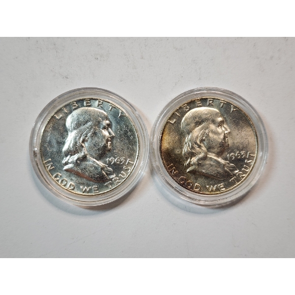 Two 1963-D 90% Silver Franklin Half Dollars in Capsules Face Value: $1.00