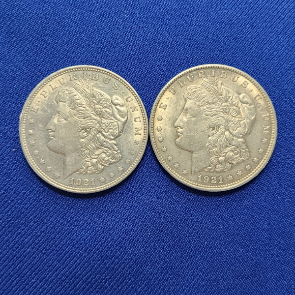 Two 1921 Silver Morgan Dollars - 90% Silver United States Coins 