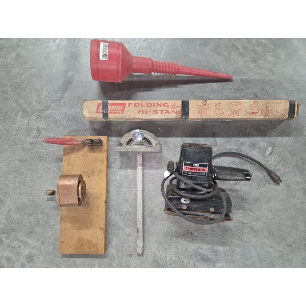 Vintage Coleman Stand, Electric Sander, Funnel, And Sharpeners