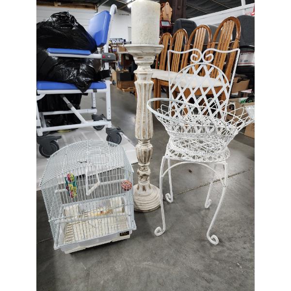 White Wire Bird Cage, Chair Stand, Basket, and Pillar Candle Holder