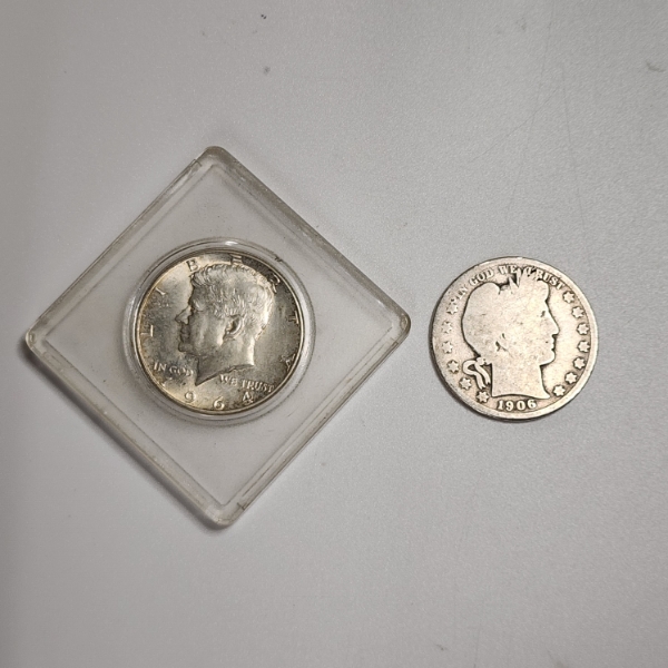 Two U.S. 90% Silver Half Dollars: 1964 Kennedy & 1906 Barber 