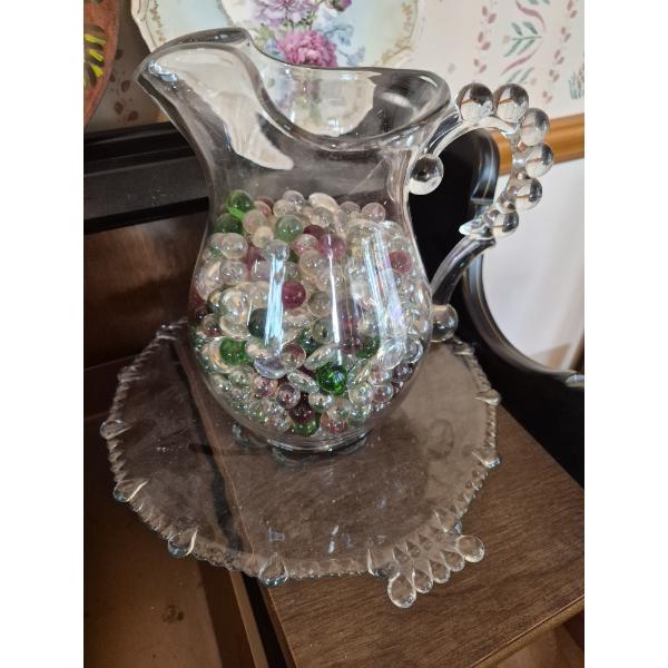 Pickup In Canton Fancy Crystal Water Pitcher w Fancy Handle & Platter - Pitcher Filled Glass Jewels 