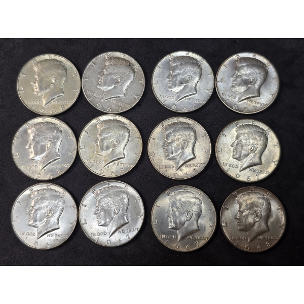 (12) Kennedy Half Dollars 40% Silver - $6 FV