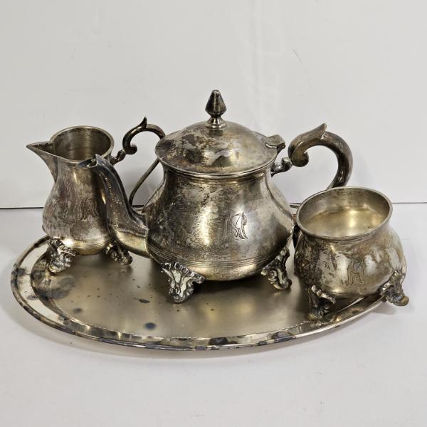 4-Piece Monogrammed Vintage Silver-Plated Tea Service Set - (3.8 lbs)