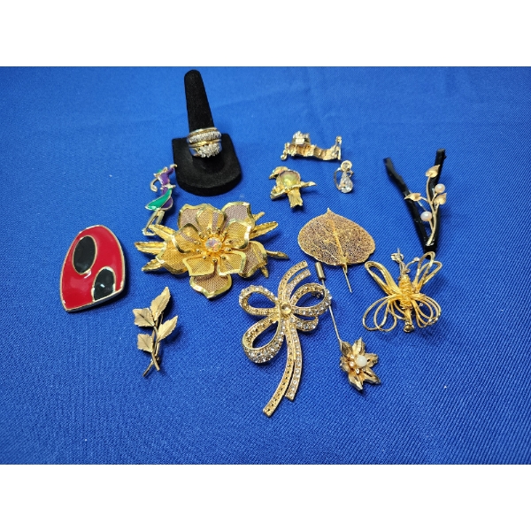 Assorted Gold-Tone Costume Jewelry: Rings, Pins, Pendant