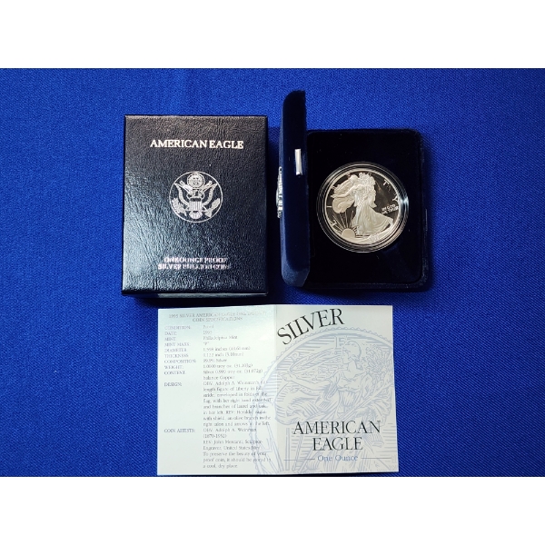 1995 Silver American Eagle $1 Proof - 1 Troy Ounce 99.9% Silver w/ Original Box & COA
