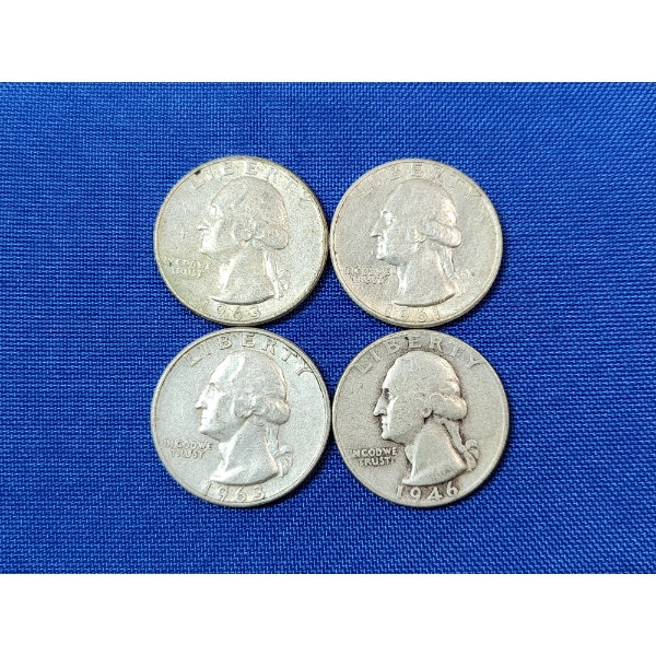 Four Assorted Years Silver Washington Quarters - 90% U.S. Silver - FV: $1.00