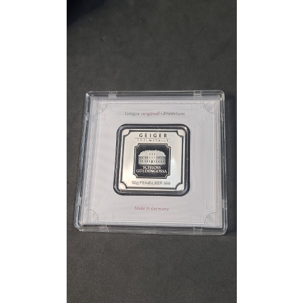 Geiger Original Premium 50g 999 Fine Silver Square Bar In Security Case - Schloss Guldengossa Motif
