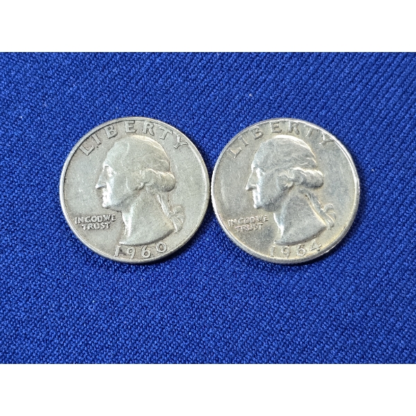 2 - 90% Silver Washington Quarters; 1960-D &1964