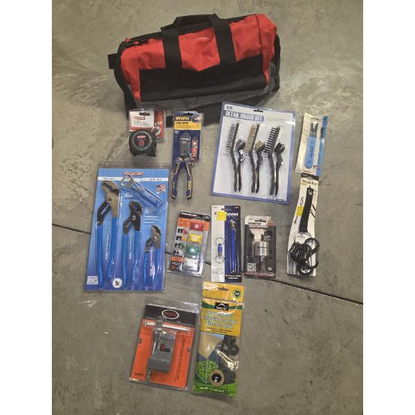 All Brand New! 18'' Craftsman Tool Bag, Tape Measure, Vise Grips, Channel Lock Set, Tire Gauge & Mor