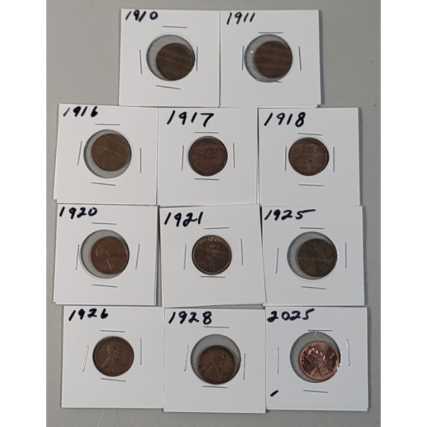 (10) Assorted Years Lincoln Wheat Cents & 2025 Lincoln Cent - Face Value: $0.11