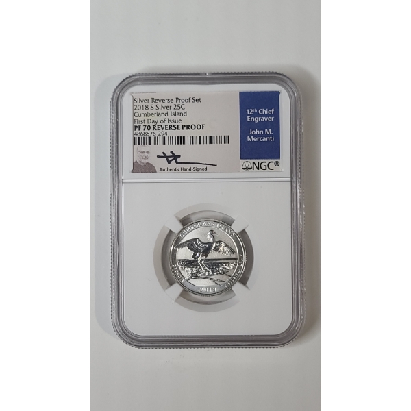 NGC 2018-S PF70 Reverse Proof Cumberland Island 90% Silver Quarter Signed By John Mercanti 